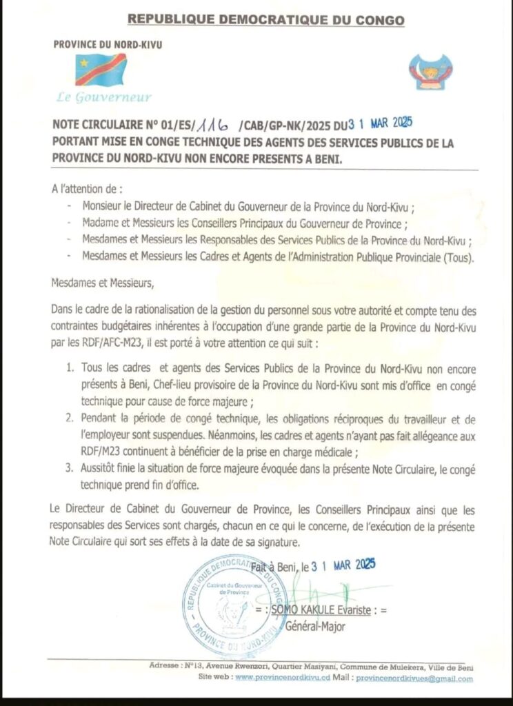 img-20250331-wa0268478469571447143791-744x1024 Mise en congé technique des agents des services publics du Nord-Kivu : une décision motivée par la crise sécuritaire